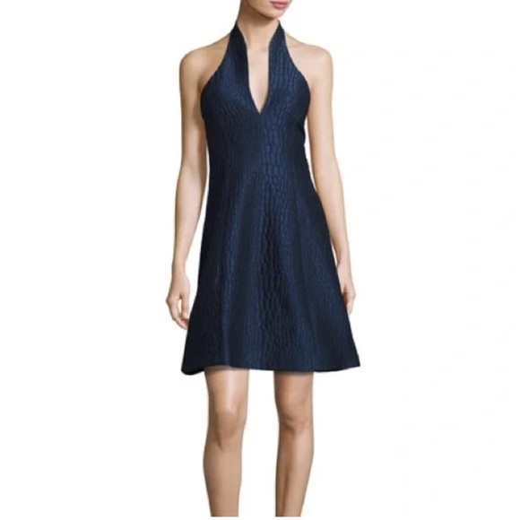 NWT HALSTON HERITAGE Halter jacquard black navy cocktail A-lime halter Dress 0 - Picture 2 of 8